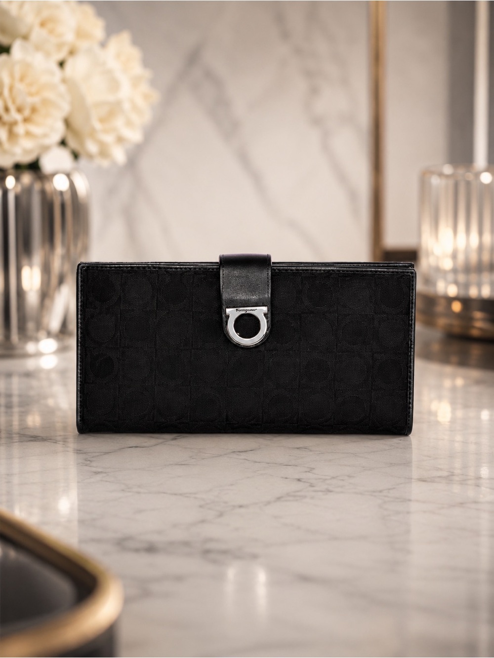 Salvatore Ferragamo Black Gancini Nylon & Leather Long Wallet | w/Dust Bag & COA